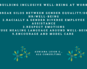 A green square with heading that says: Building Inclusive Well-Being at Work". Below are tips that say: "break silos between gender equality, DEI, HR and well-being, racially and gender diverse employee assistance, respect emotions, use healing language around well-being, encourage and model care." Below the text is an icon of people in shades of green in a circle, with text next to it: "Adriana Leigh G., ALG Consulting."