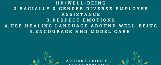 A green square with heading that says: Building Inclusive Well-Being at Work". Below are tips that say: "break silos between gender equality, DEI, HR and well-being, racially and gender diverse employee assistance, respect emotions, use healing language around well-being, encourage and model care." Below the text is an icon of people in shades of green in a circle, with text next to it: "Adriana Leigh G., ALG Consulting."