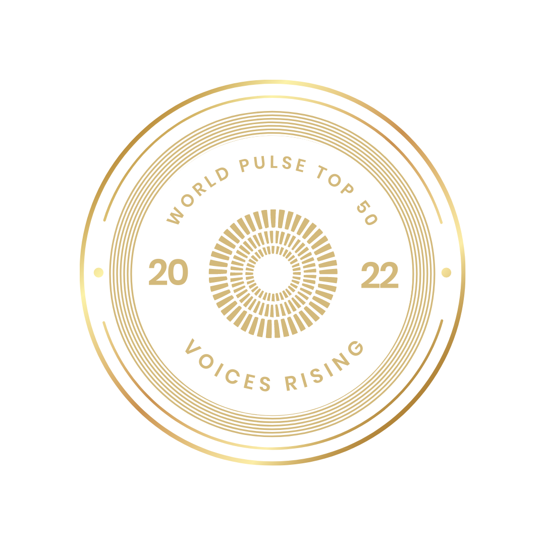 Picture of a gold badge saying "World Pulse Top 50 Voices Rising 2022"