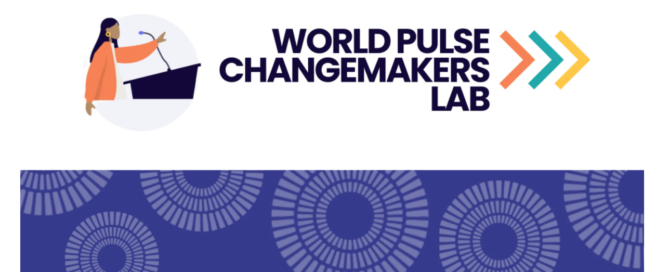 White rectangle that says: World Pulse Changemakers' Lab with an icon of a woman in orange to the left speaking at a microphone, below is a solid blue bar framing the bottom of the rectangle with icons of sun-like shapes inside the blue bar.