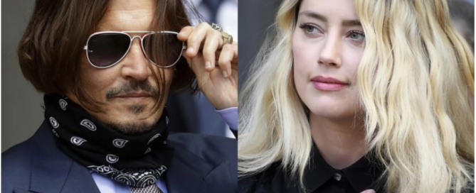 Photo of Johnny Depp on one side and Amber Heard on the other