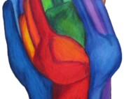 Illustration on a white background of hands merging together that are in various colours including blue (on the outside), then red, green and inside is a red hand shaded with flecks of orange and yellow on a couple of the fingers.