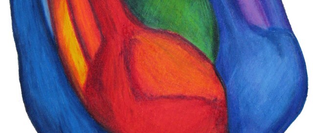 Illustration on a white background of hands merging together that are in various colours including blue (on the outside), then red, green and inside is a red hand shaded with flecks of orange and yellow on a couple of the fingers.