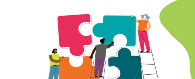 Image of ALG Consulting (green) logo next to dialectic logo (orange), below is image of 4 pieces of a puzzle being put together, two pieces in shades of orange and two in shades of green