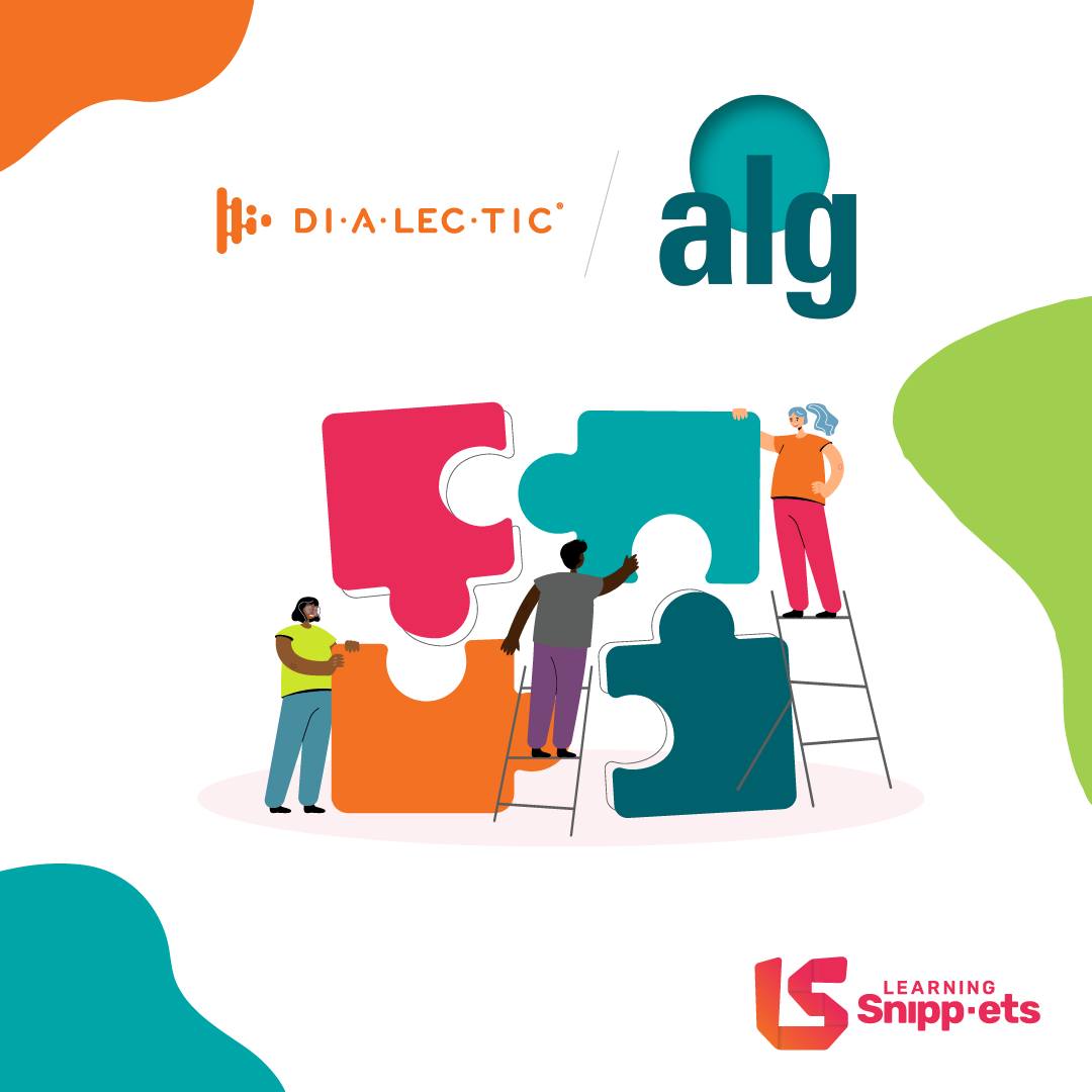 Image of ALG Consulting (green) logo next to dialectic logo (orange), below is image of 4 pieces of a puzzle being put together, two pieces in shades of orange and two in shades of green