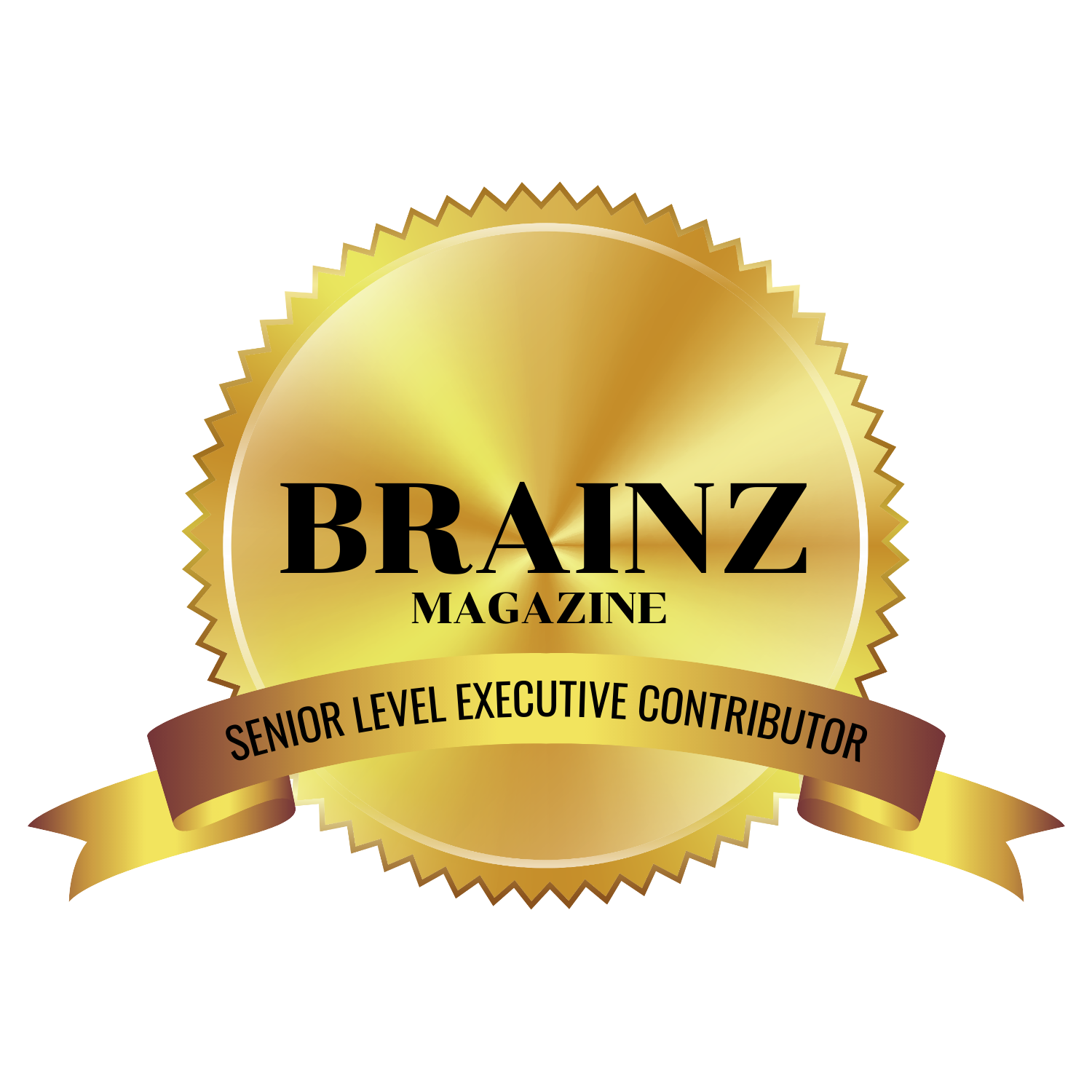 Gold badge with the words "brainz magazine" in the center, and below are the words "senior level executive contributor"