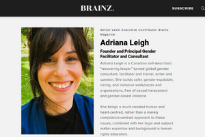 Article about Executive Contributor to Brainz magazine. Text on right side, picture of dark haired woman smiling on left side.