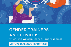 Drawing of individual with purple shirt discussing with individual with orange shirt. Text below drawing: "Gender Trainers and Covid-19. What have we learned from the pandemic? Virtual Dialogue Report 2021."