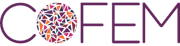 Logo of organization COFEM (Coalition of Feminists for Social Change)- the acronym is spelled in upper case purple letters with the o replaced by a circle full of many different coloured pieces fitting together.