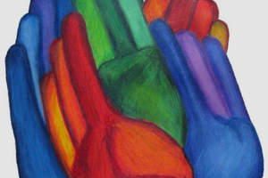 EN: Painting of hands in various colours FR: Peinture des mains de différentes couleurs