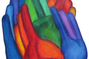 Illustration on a white background of hands merging together that are in various colours including blue (on the outside), then red, green and inside is a red hand shaded with flecks of orange and yellow on a couple of the fingers.