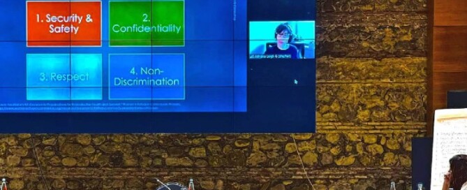 Photo of a white Jewish woman with glasses and dark brown hair on a screen giving a virtual presentation on zoom - there is a powerpoint with the words "safety and security" in an orange box , "confidentiality" in a green box, "respect" in a light blue box and "non-discrimination" in a dark blue box.