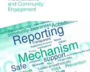 Cover of a publication on a white background with the title: Reporting Mechanisms and Community Engagement. Underneath is a word cloud.