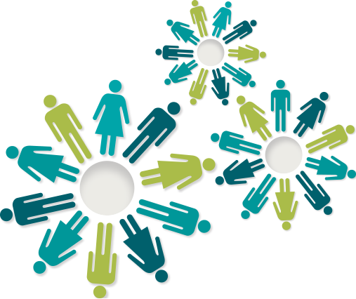 Three different sized graphic circles - they are made up of people shapes of different colours of green - together the circles look like cogs.