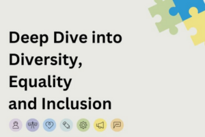 Light green, blue and yellow puzzle pieces fitting together in top right hand corner. Text in middle is "Deep Dive into Diversity, Equality and Inclusion". Seven icons at the bottom: person icon on light pink circle, balance icon on light purple circle, heart icon on light blue circle, pencil icon on very light blue circle, gear icon on light green circle, speaker icon on yellow circle and text bubble icon on peach circle.