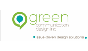 A blue speech bubble inside a green one, with the words Green Communication Design Inc, issue-driven design solutions, on the right hand side.