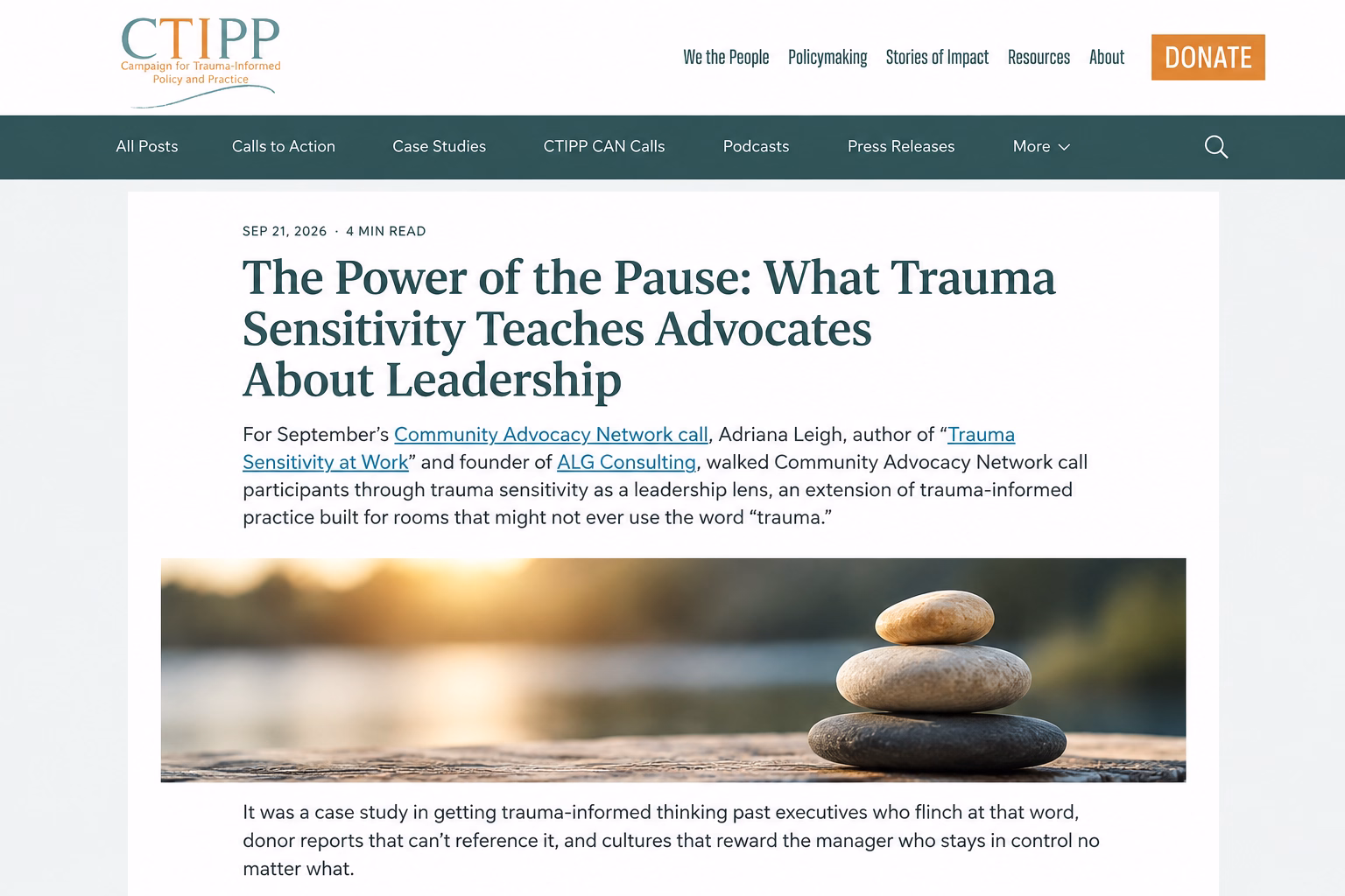 EN: “CTIPP article, The Power of the Pause: What Trauma Sensitivity Teaches Advocates About Leadership, featuring Adriana Leigh’s work on trauma-sensitive leadership.” FR: « Article du CTIPP, The Power of the Pause: What Trauma Sensitivity Teaches Advocates About Leadership, présentant le travail d’Adriana Leigh sur le leadership sensible aux traumatismes. »